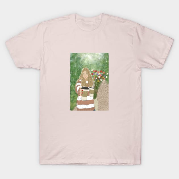 The girl with coffee and flowers T-Shirt by hande.draws